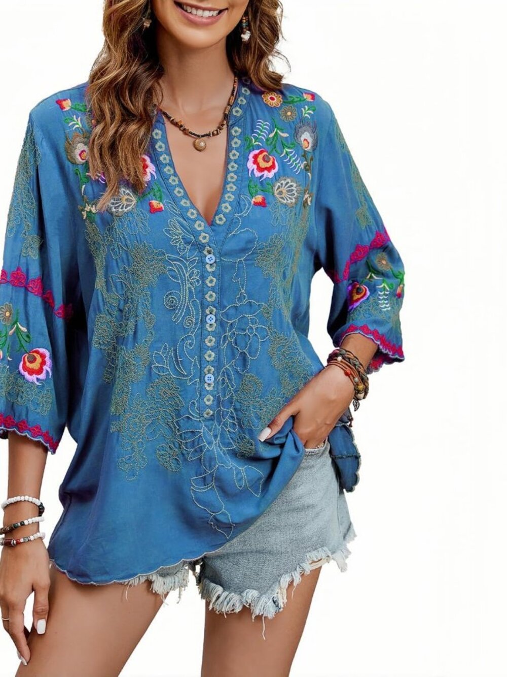 Mexican Tops Peasant Blouses Embroidered 3/4 Sleeve Shirt Boho V Neck Tunic